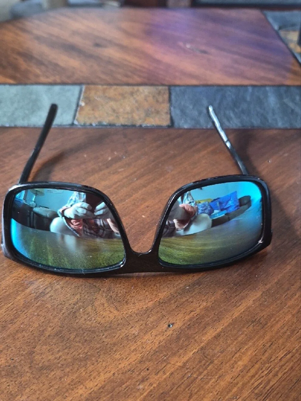 Men's Black Sunglasses with Blue Mirrored Lenses - New